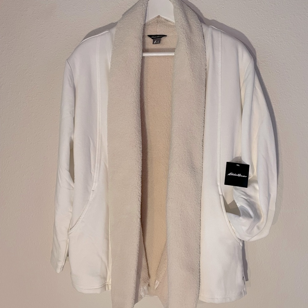 Eddie Bauer Womans Snowlodge Cabin Wrap Faux Shearling Cardigan Jacket White NWT